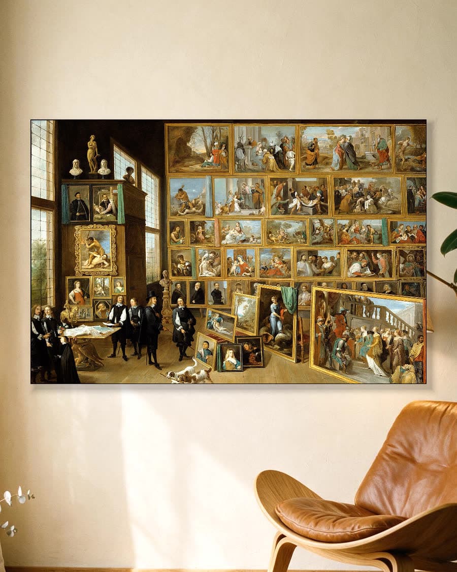 Aartshertog Leopold Willem in zijn Schilderijengalerij in een aluminium frame aan dezelfde muur