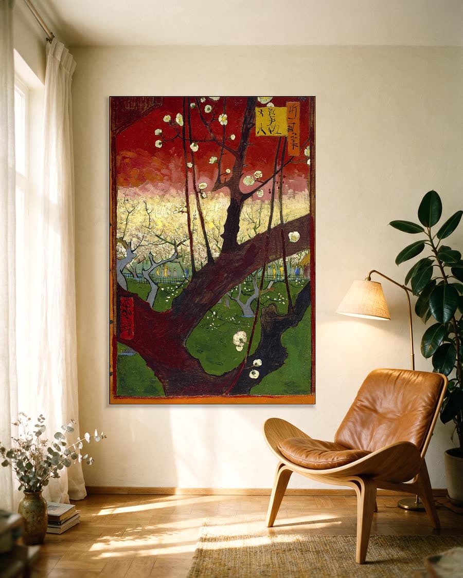 Bloeiende pruimenboomgaard naar Hiroshige in een aluminium frame aan dezelfde muur