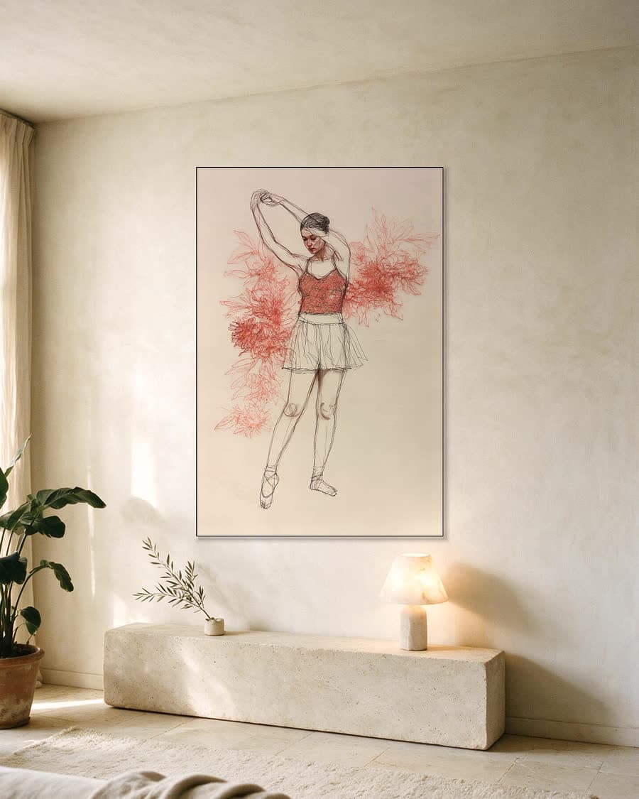 Danseres met bloesem in een aluminium frame aan dezelfde muur