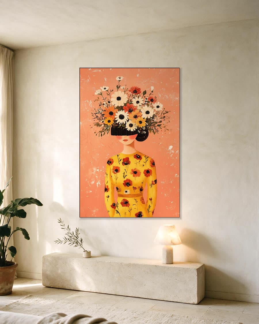 Boeket in plaats van gedachten in een aluminium frame aan dezelfde muur