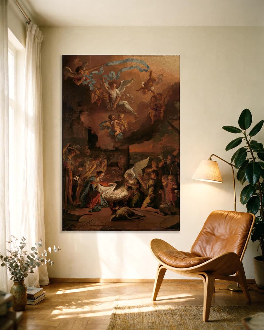 De aanbidding der herders in een aluminium frame aan dezelfde muur