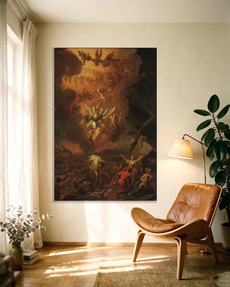 De verkondiging aan de herders in een aluminium frame aan dezelfde muur