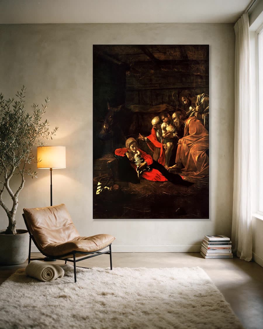 De aanbidding der herders in een aluminium frame aan dezelfde muur