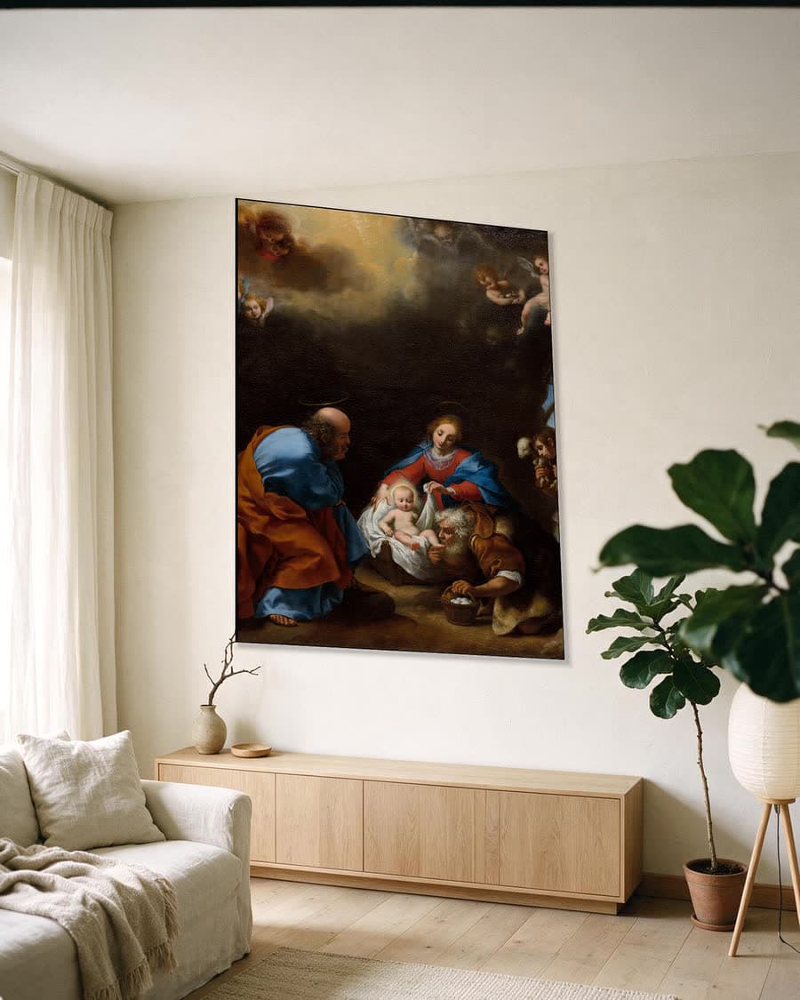 De aanbidding der herders in een aluminium frame aan dezelfde muur