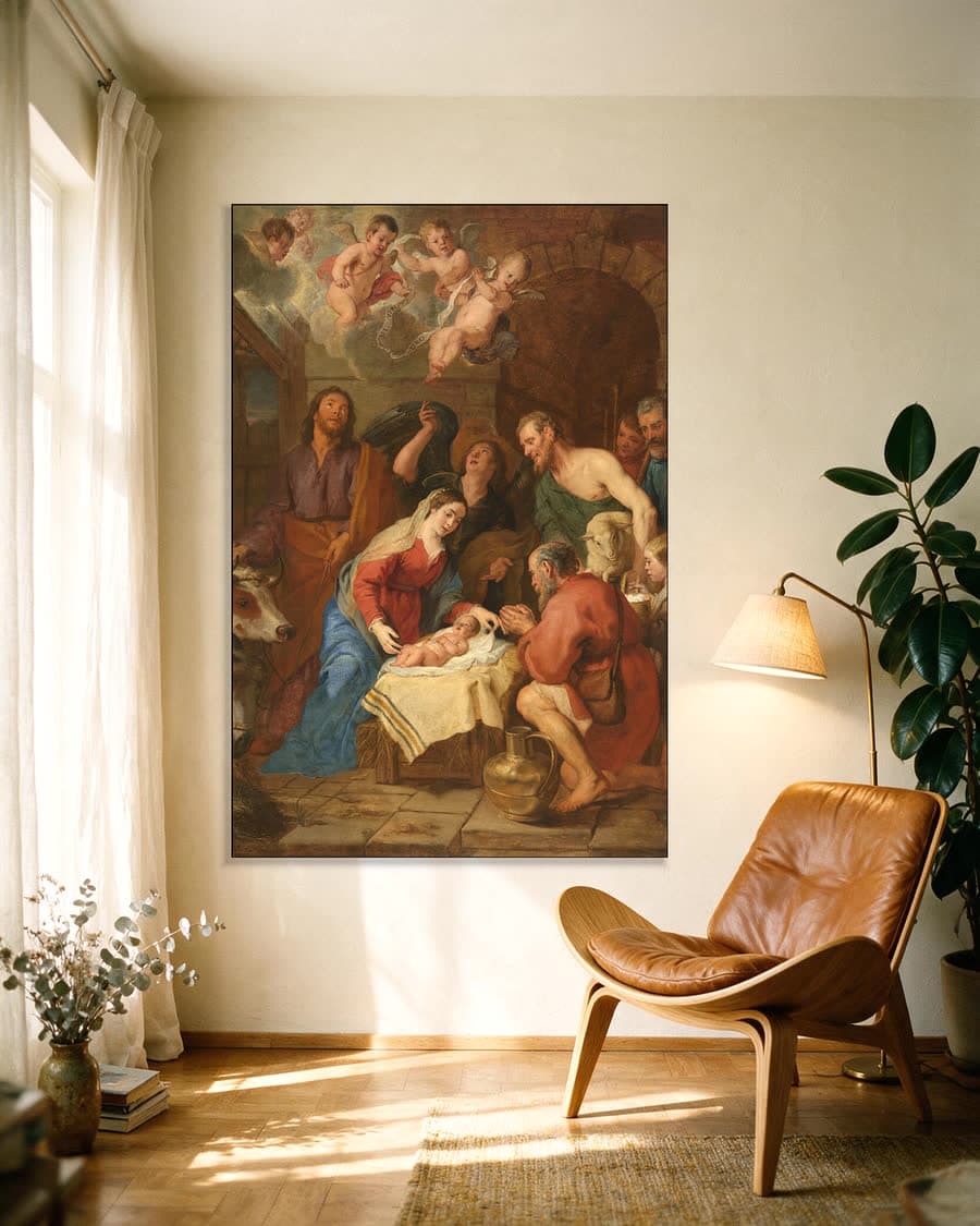 De aanbidding der herders in een aluminium frame aan dezelfde muur