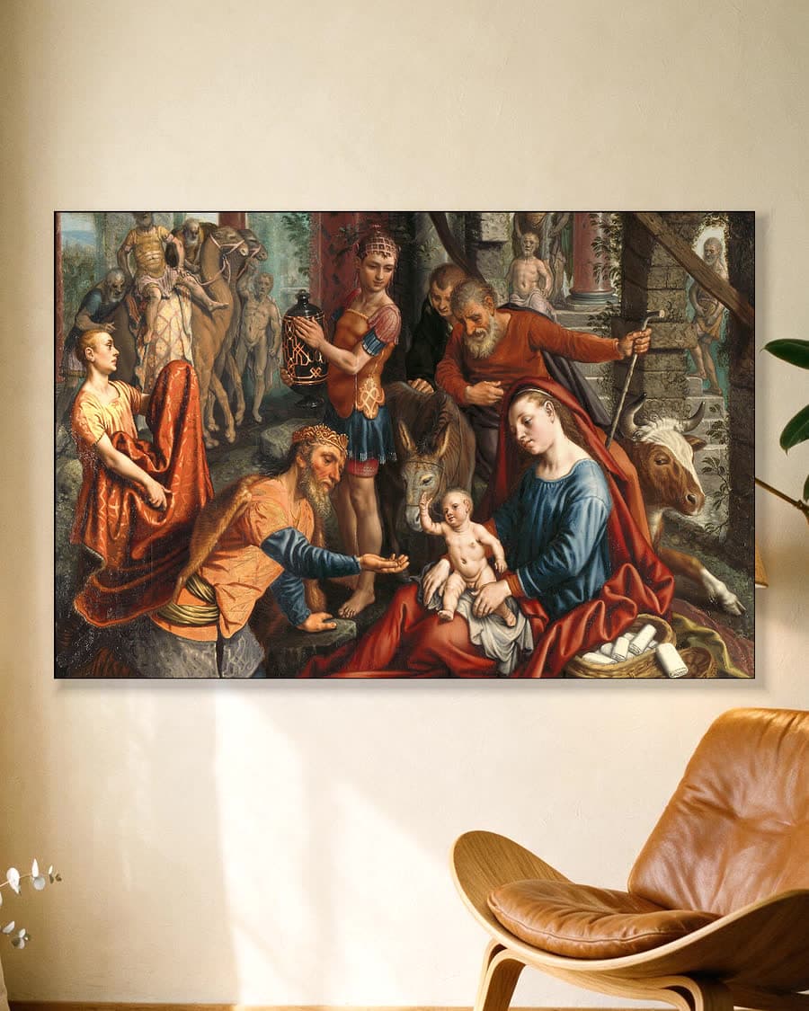 De aanbidding der koningen in een aluminium frame aan dezelfde muur