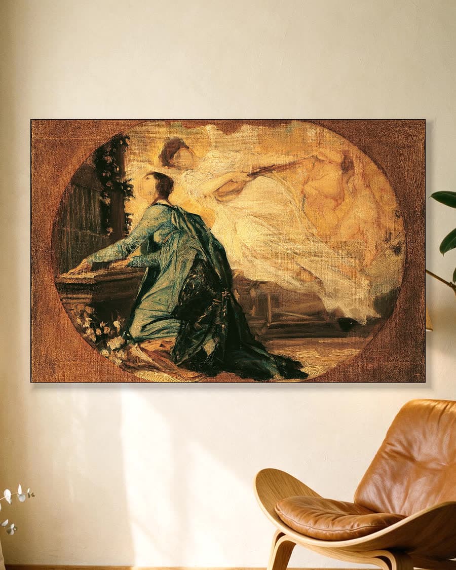 Allegorie van de heilige muziek in een aluminium frame aan dezelfde muur