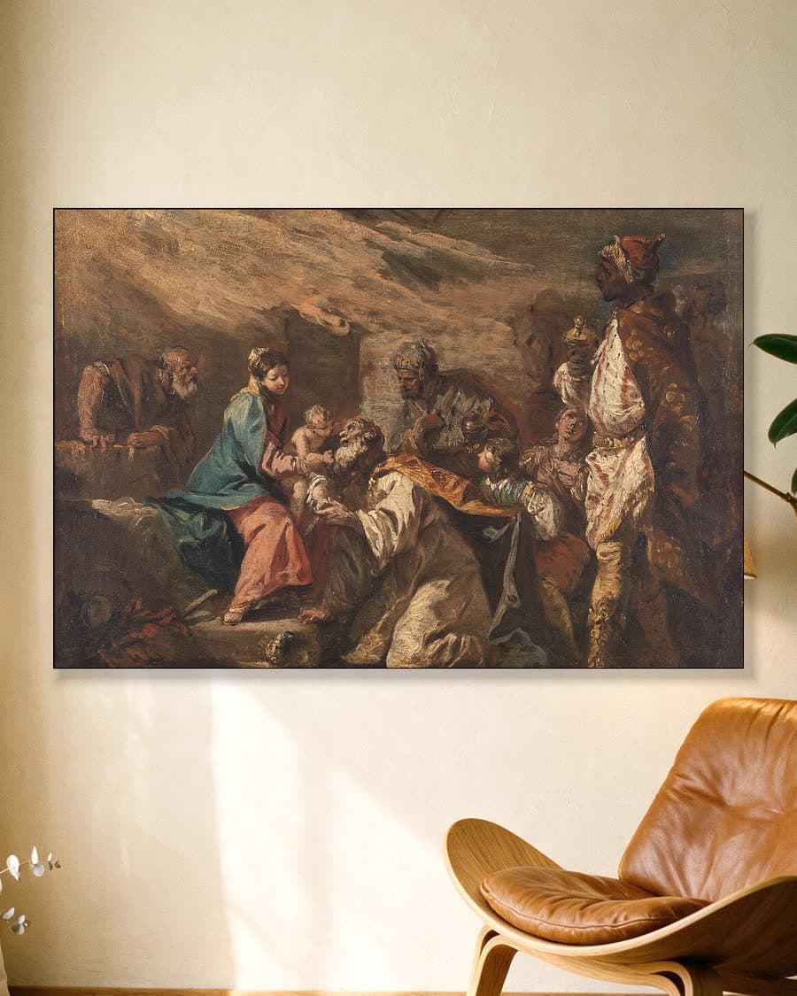 De aanbidding der koningen in een aluminium frame aan dezelfde muur