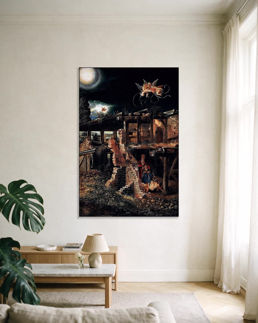 De geboorte van Christus in een aluminium frame aan dezelfde muur