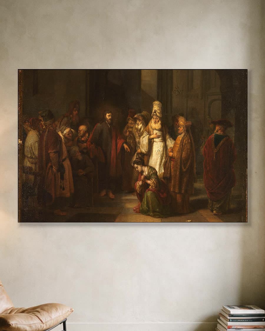 Christus en de overspelige vrouw in een aluminium frame aan dezelfde muur