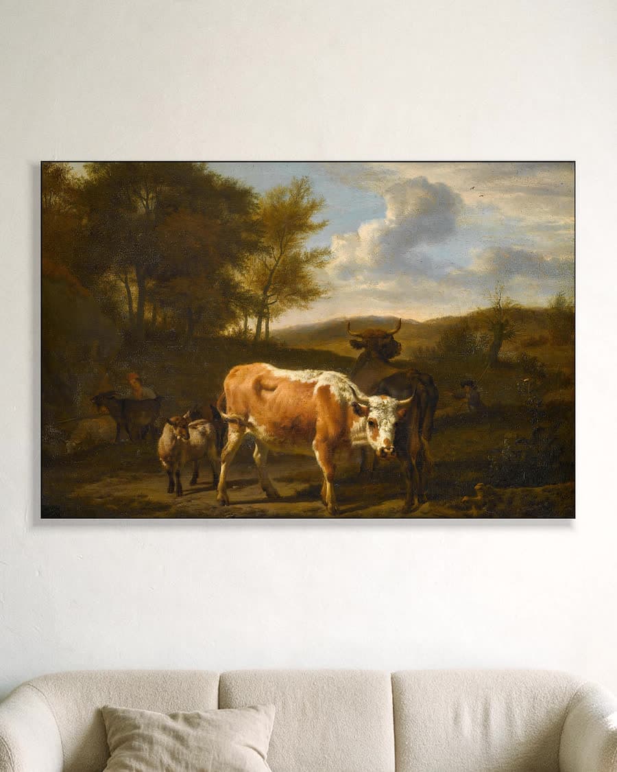 Berglandschap met koeien in een aluminium frame aan dezelfde muur