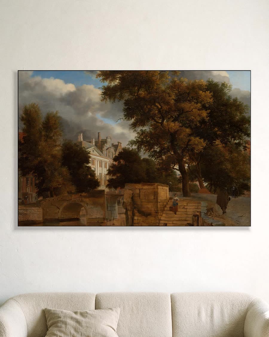 De stenen brug in een aluminium frame aan dezelfde muur