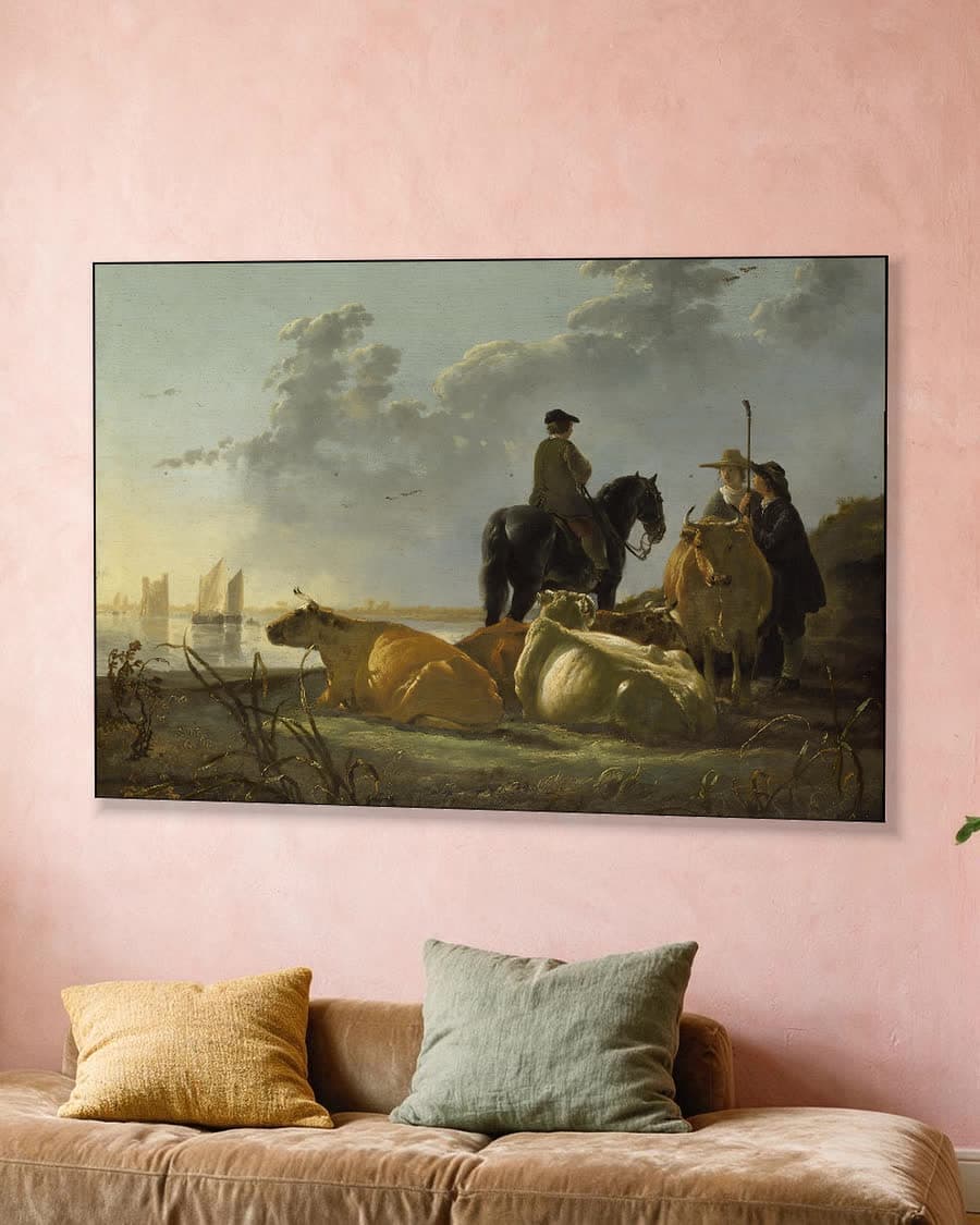 Boeren met vier koeien aan de Merwede in een aluminium frame aan dezelfde muur
