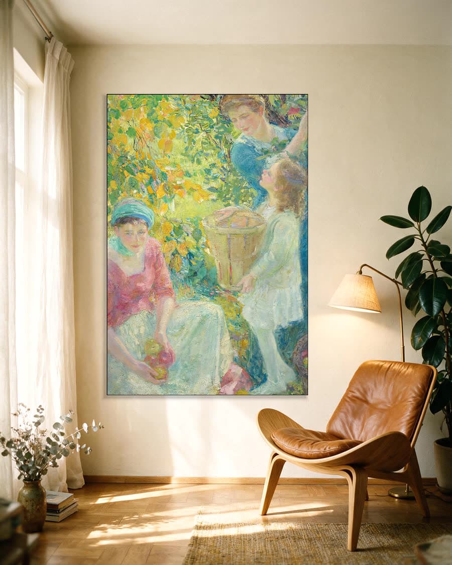 De appelplukkers in een aluminium frame aan dezelfde muur