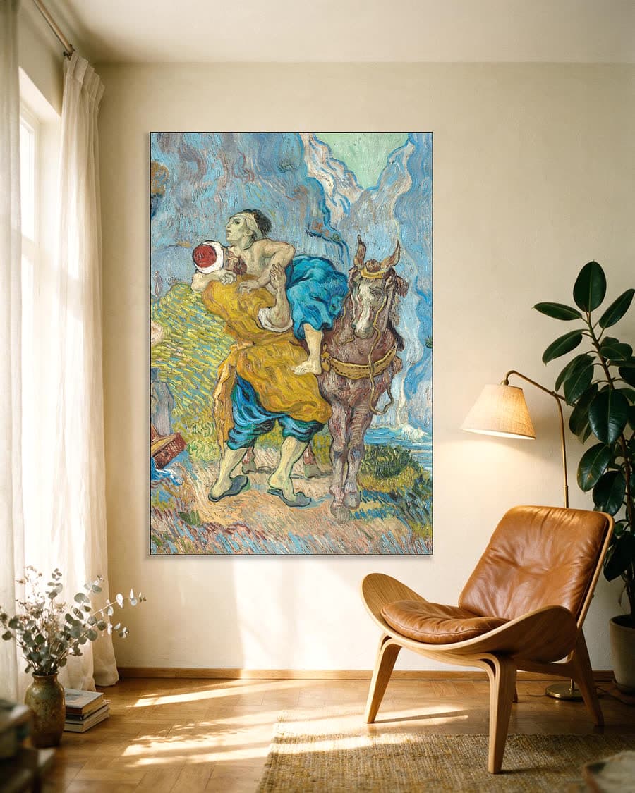 De barmhartige Samaritaan (naar Delacroix) in een aluminium frame aan dezelfde muur