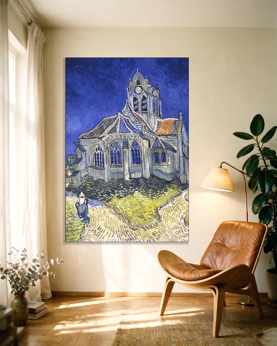 De kerk van Auvers-sur-Oise in een aluminium frame aan dezelfde muur