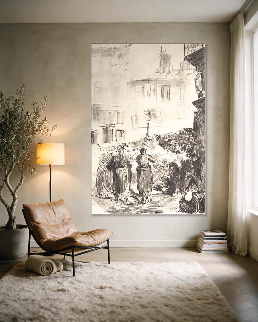 De barricade (La barricade) in een aluminium frame aan dezelfde muur