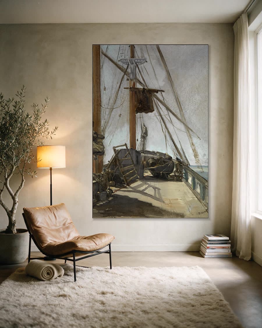 Het scheepsdek in een aluminium frame aan dezelfde muur