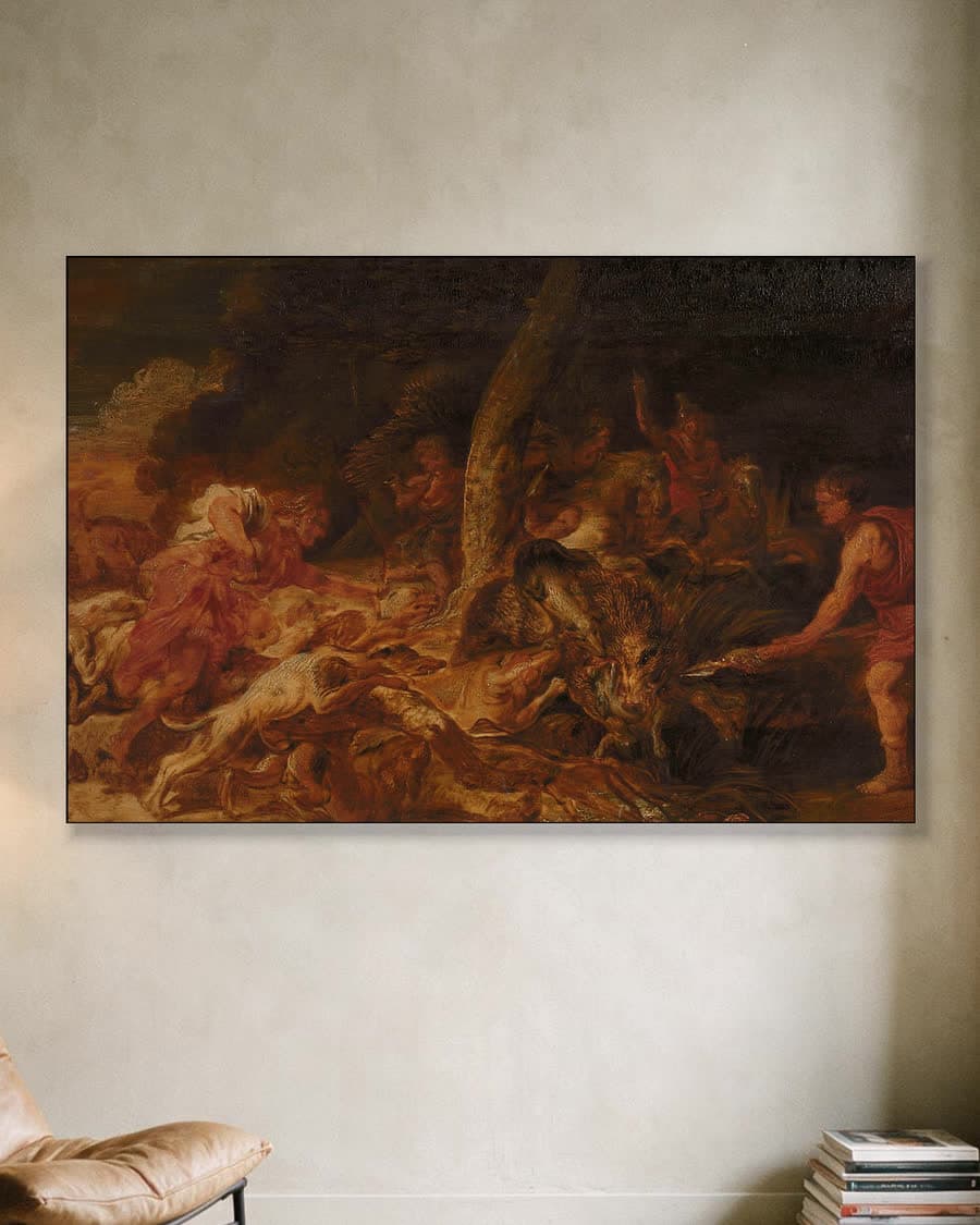 De Calydonische everzwijnjacht in een aluminium frame aan dezelfde muur