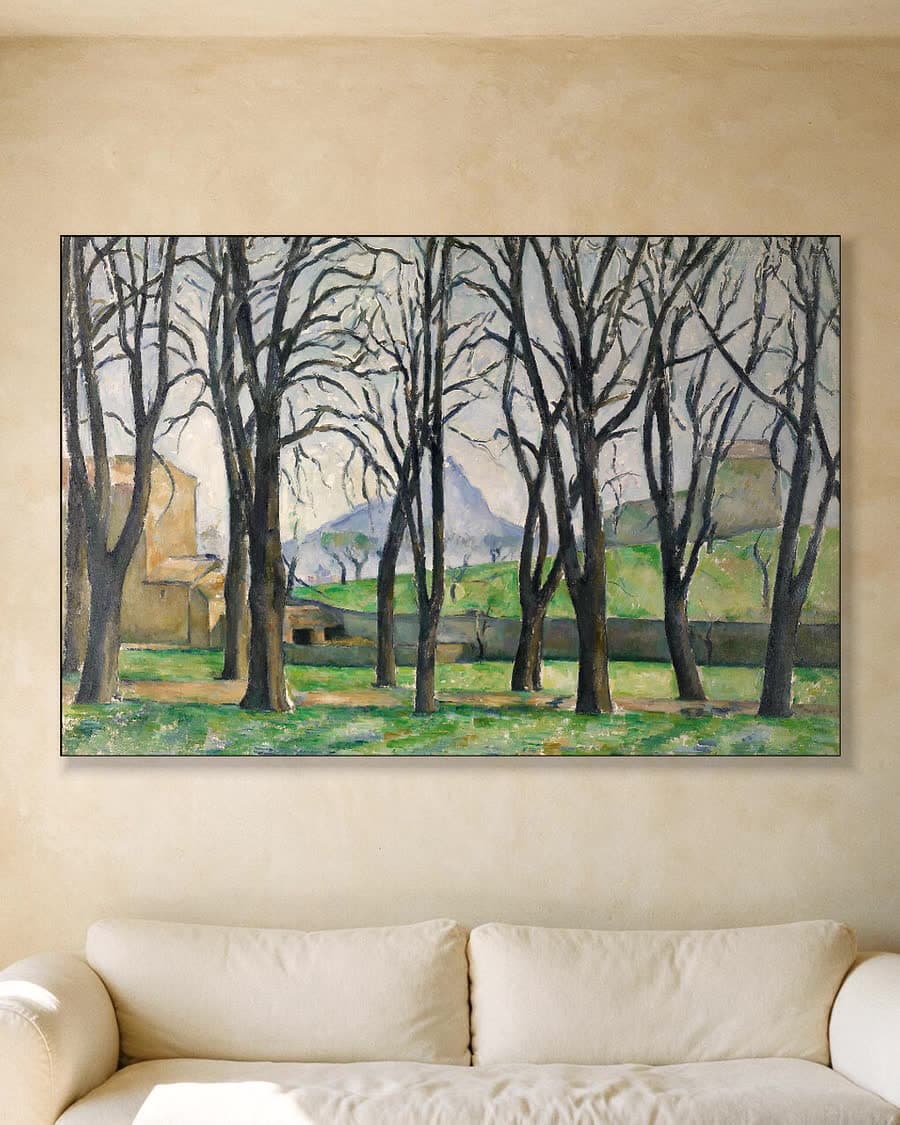 De kastanjebomen van Jas de Bouffan in de winter in een aluminium frame aan dezelfde muur