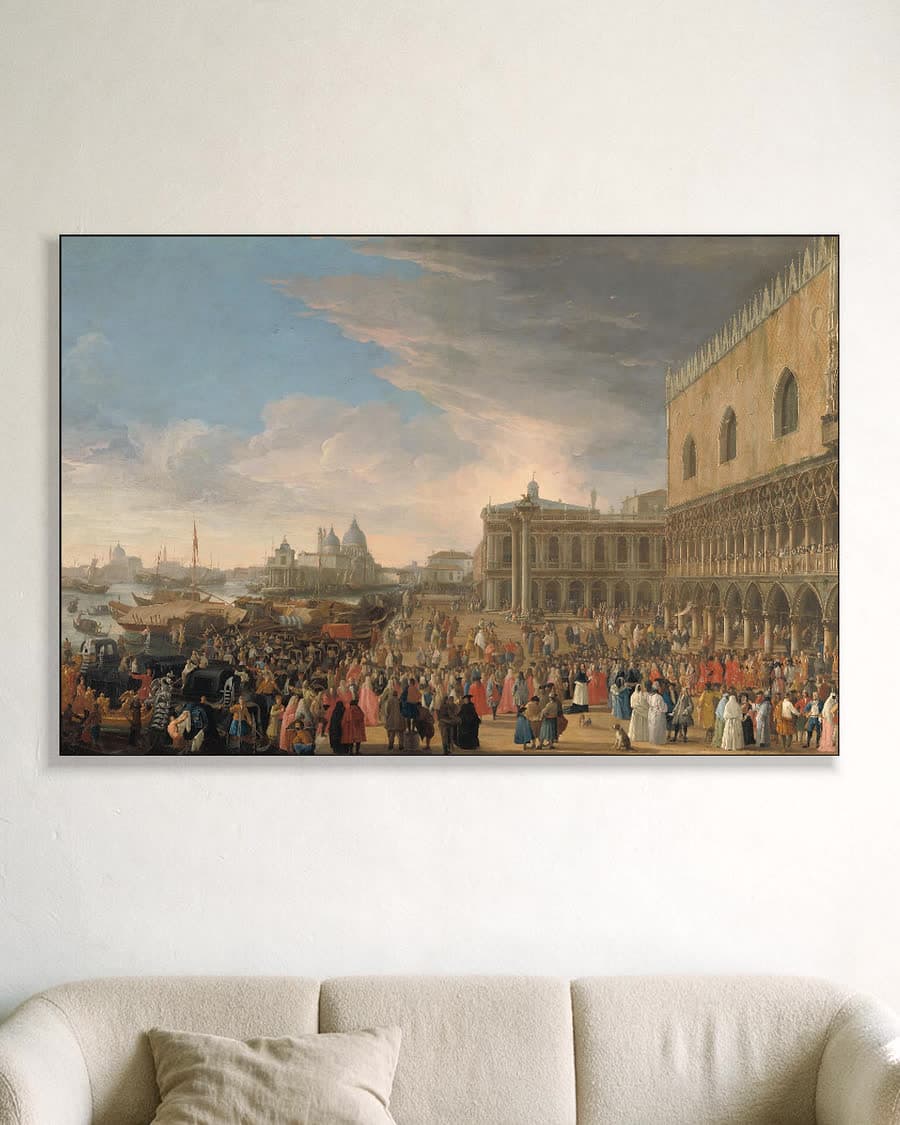 De intocht van de Franse ambassadeur in Venetië in 1706 in een aluminium frame aan dezelfde muur