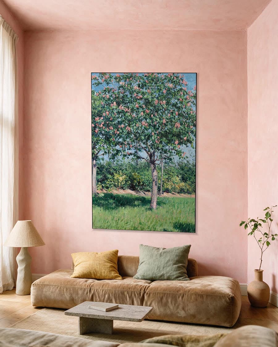 Bloeiende kastanjebomen, vlakte van Argenteuil in een aluminium frame aan dezelfde muur
