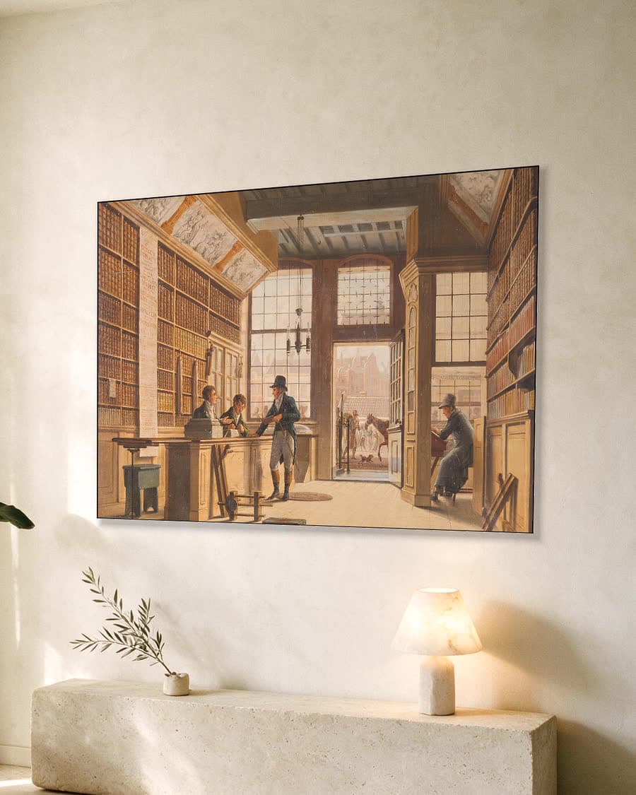 De boekwinkel van Pieter Meijer Warnars (1792-1869) op de Vijgendam te Amsterdam in een aluminium frame aan dezelfde muur