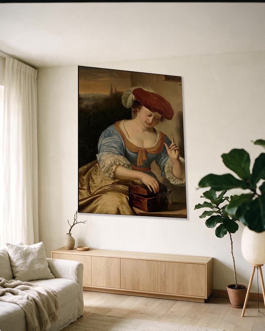 De ontsnapte vogel: allegorie op de verloren kuisheid in een aluminium frame aan dezelfde muur