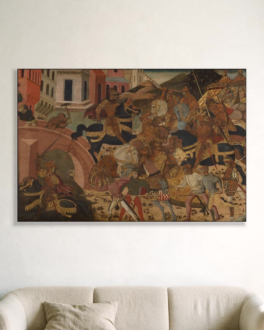 Horatius Cocles verdedigt de Pons Sublicius in een aluminium frame aan dezelfde muur