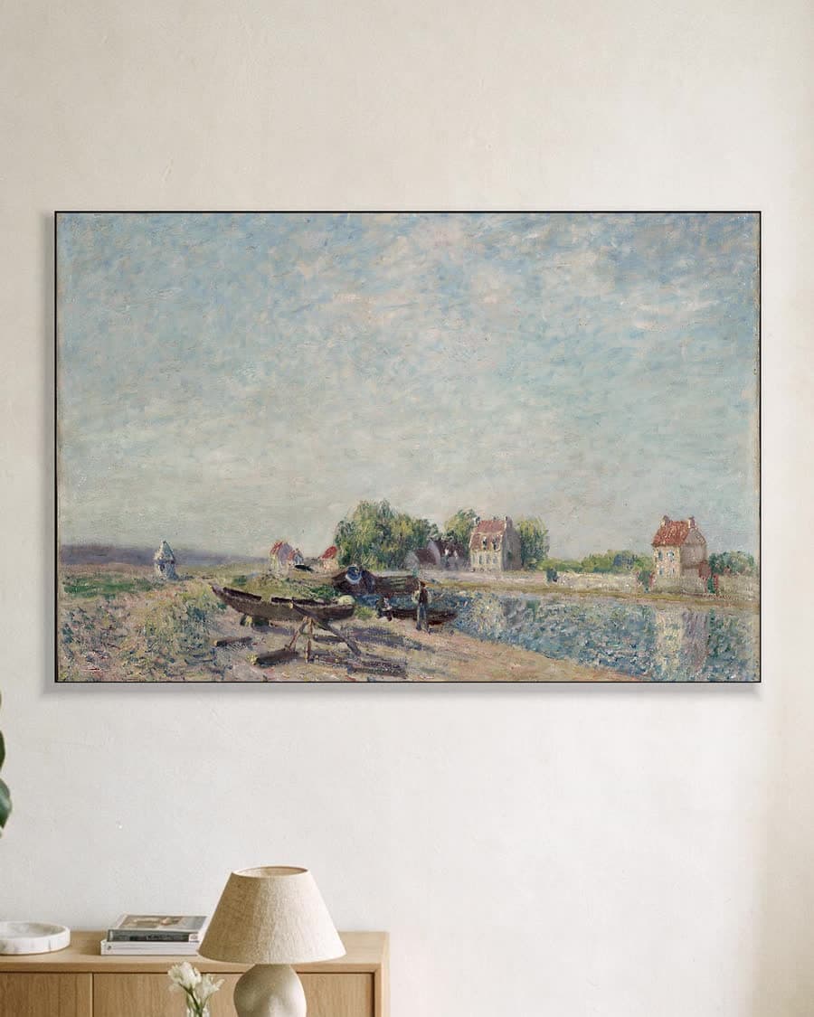 Saint-Mammès, het kanaal van de Loing in een aluminium frame aan dezelfde muur