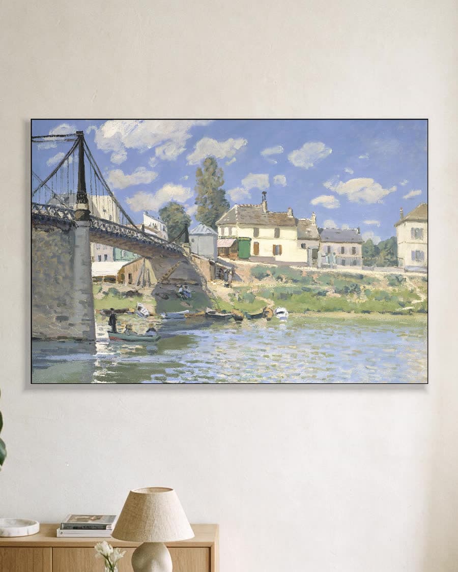 De brug bij Villeneuve-la-Garenne in een aluminium frame aan dezelfde muur