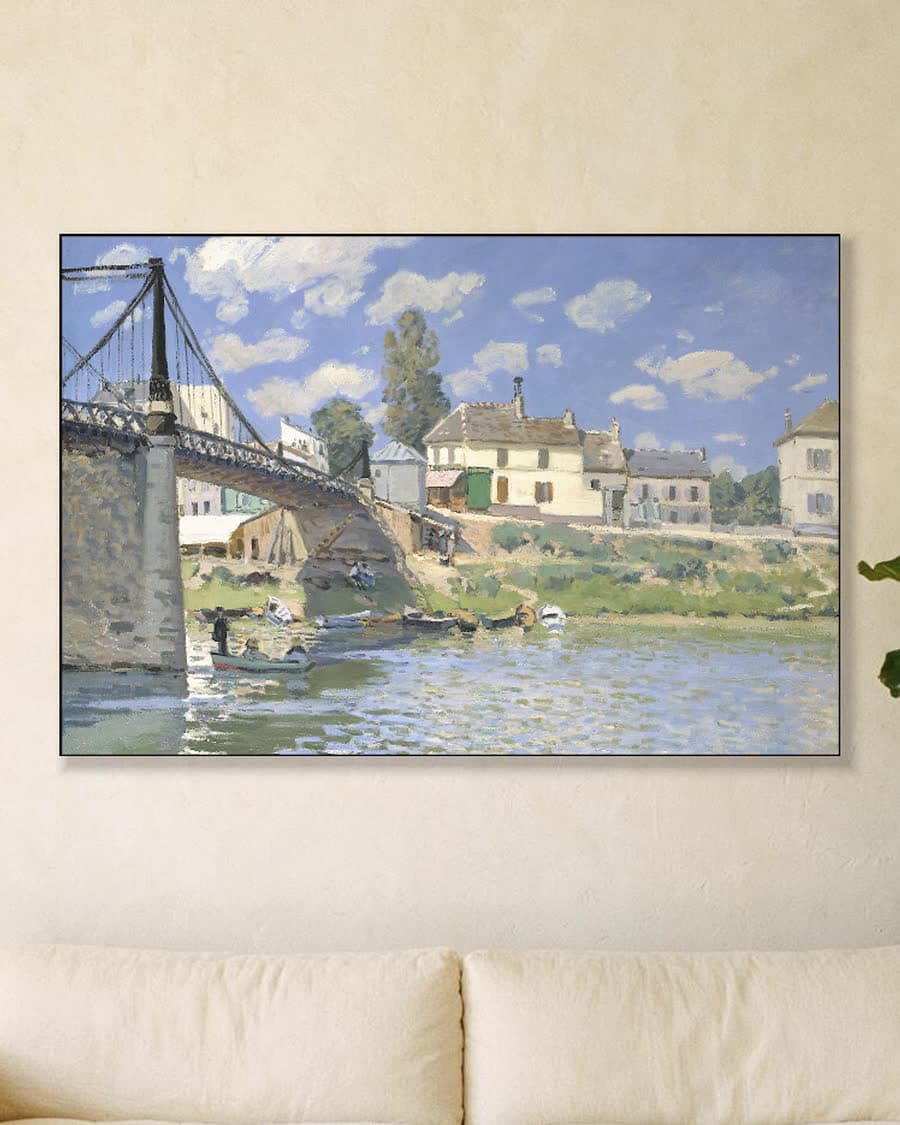 De brug bij Villeneuve-la-Garenne in een aluminium frame aan dezelfde muur