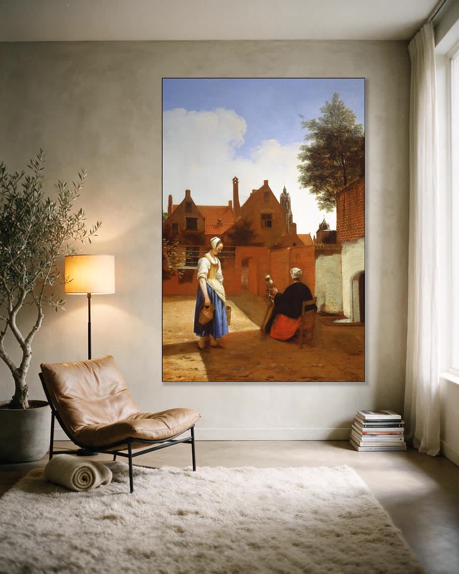 Binnenplaats in Delft bij avond, een spinster in een aluminium frame aan dezelfde muur
