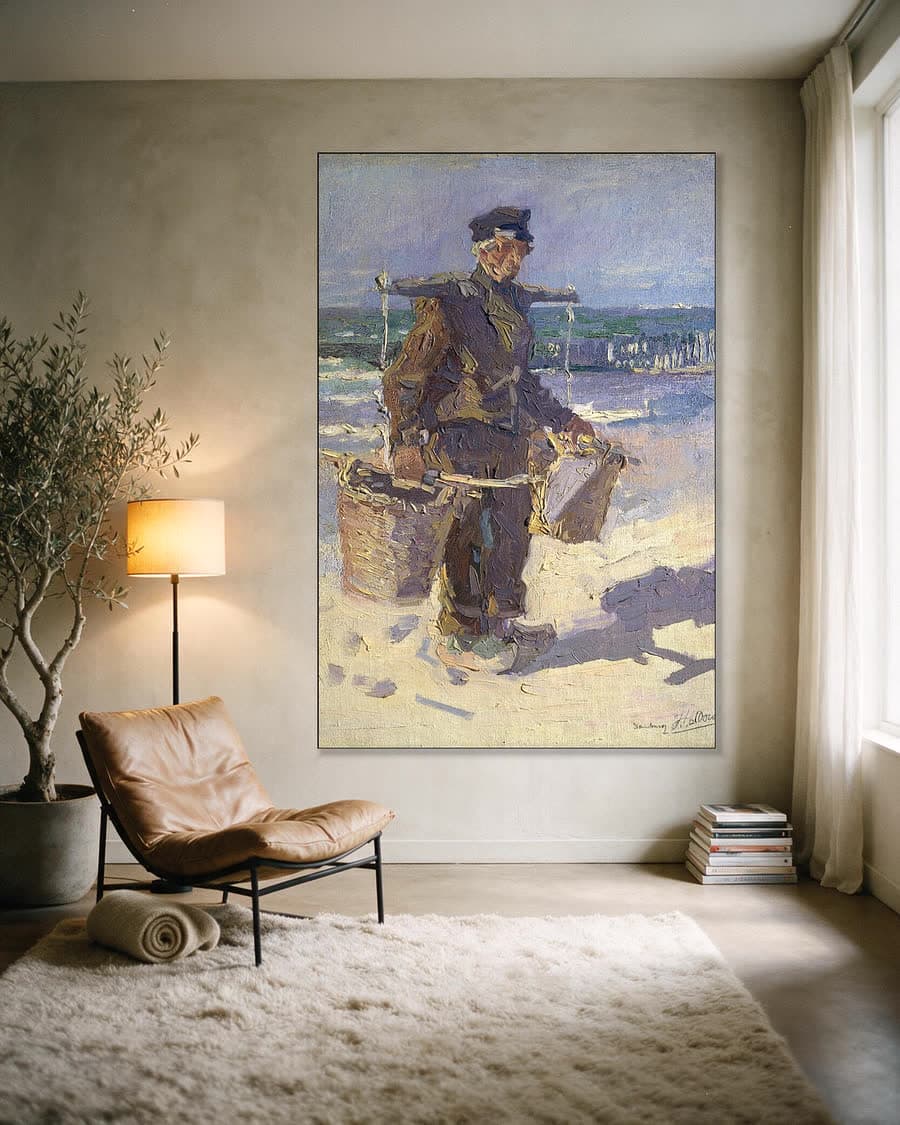 De schelpenvisser in een aluminium frame aan dezelfde muur