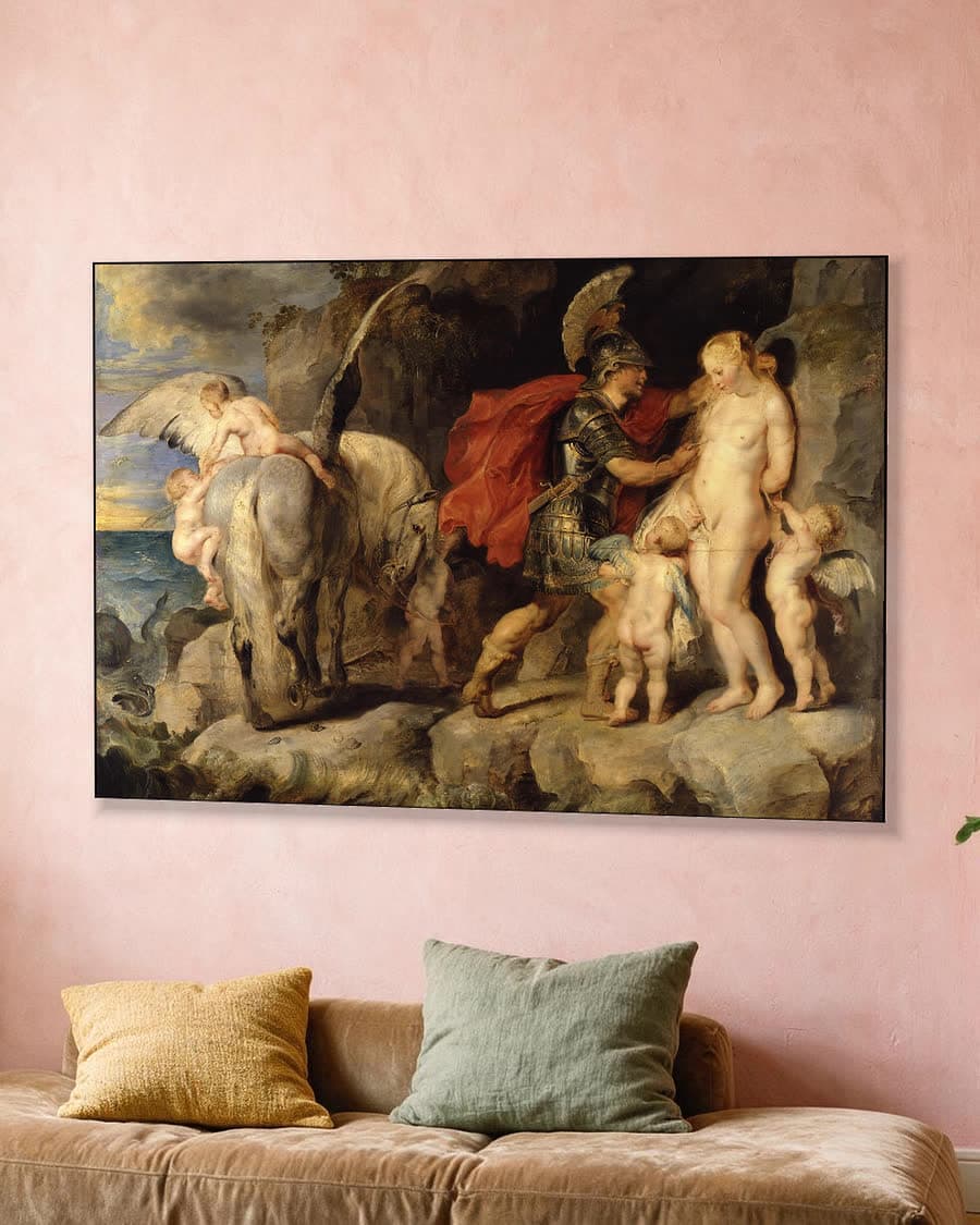 Perseus bevrijdt Andromeda in een aluminium frame aan dezelfde muur