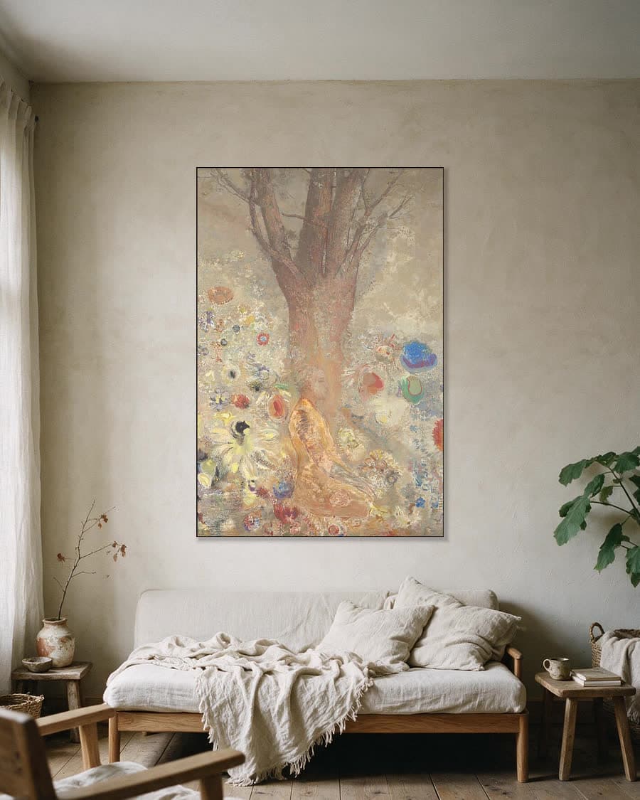 Meditatie onder de boom in een aluminium frame aan dezelfde muur
