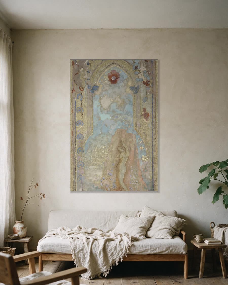 De Nymf in de Bloemenboog in een aluminium frame aan dezelfde muur