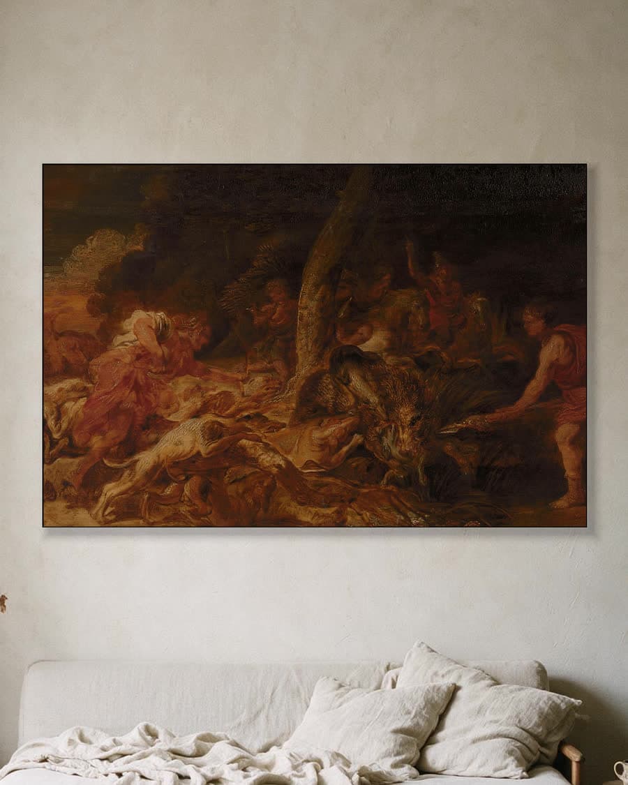 De Calydonische everzwijnjacht in een aluminium frame aan dezelfde muur