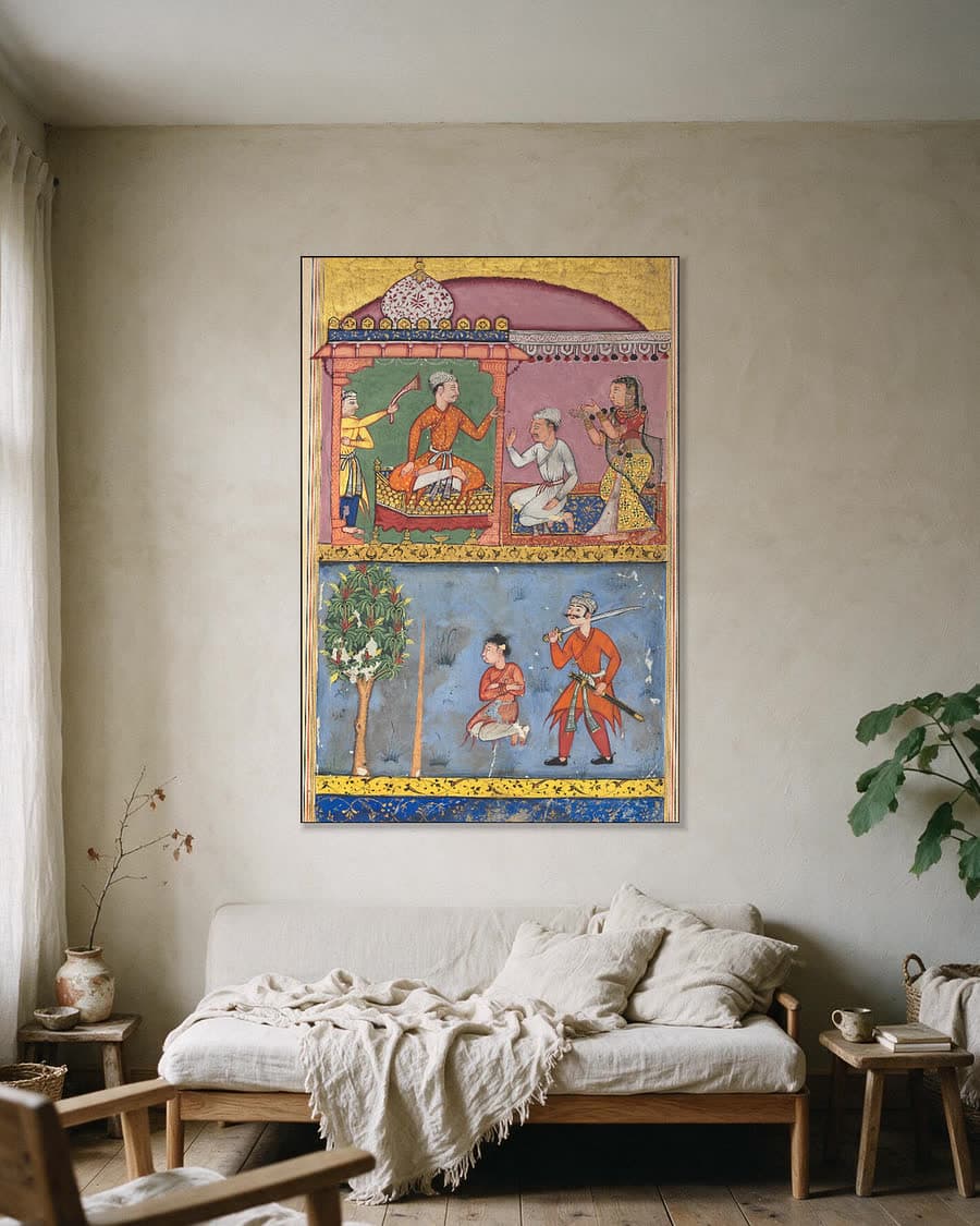 De dienares pleit om gerechtigheid en de prins wordt gevangengenomen in een aluminium frame aan dezelfde muur
