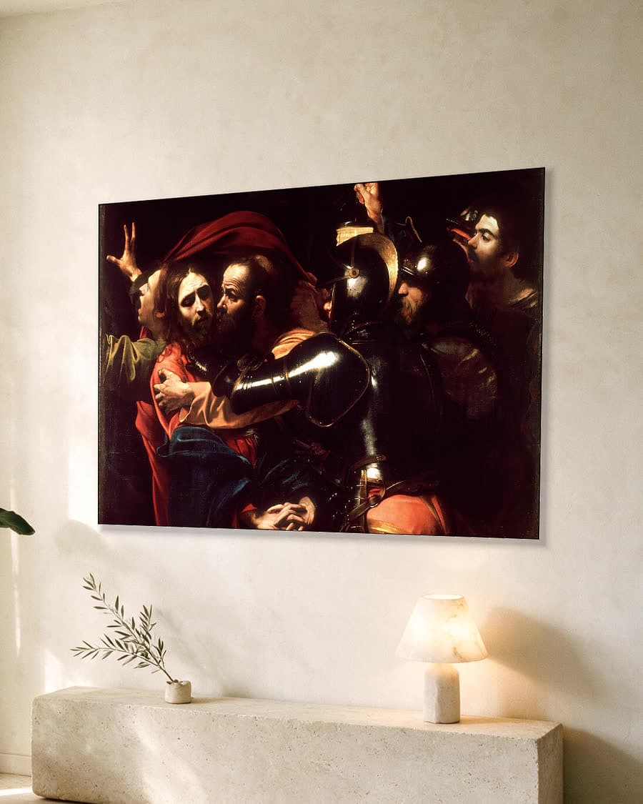 De gevangenneming van Christus in een aluminium frame aan dezelfde muur