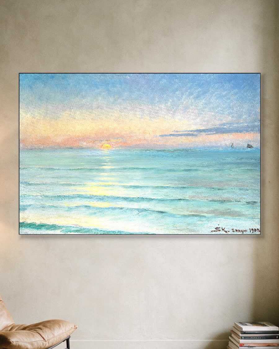 Zonsondergang op het noordstrand van Skagen in een aluminium frame aan dezelfde muur