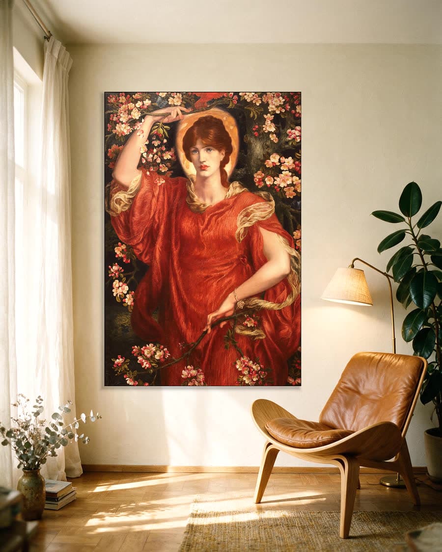 Een visioen van Fiammetta in een aluminium frame aan dezelfde muur