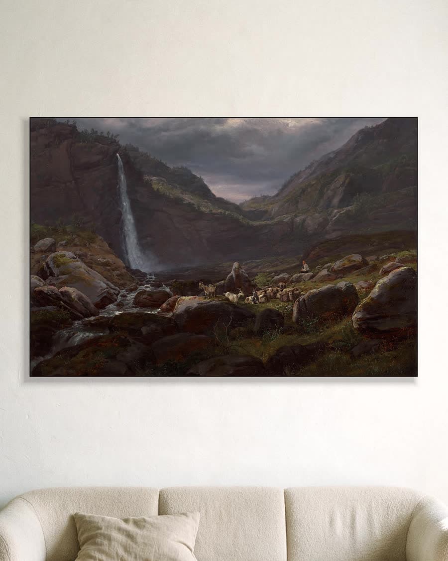 De Feige-waterval (Feigefossen), Lysterfjord, Noorwegen in een aluminium frame aan dezelfde muur
