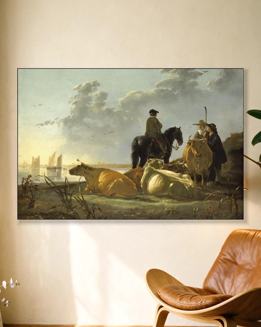 Boeren met vier koeien aan de Merwede in een aluminium frame aan dezelfde muur