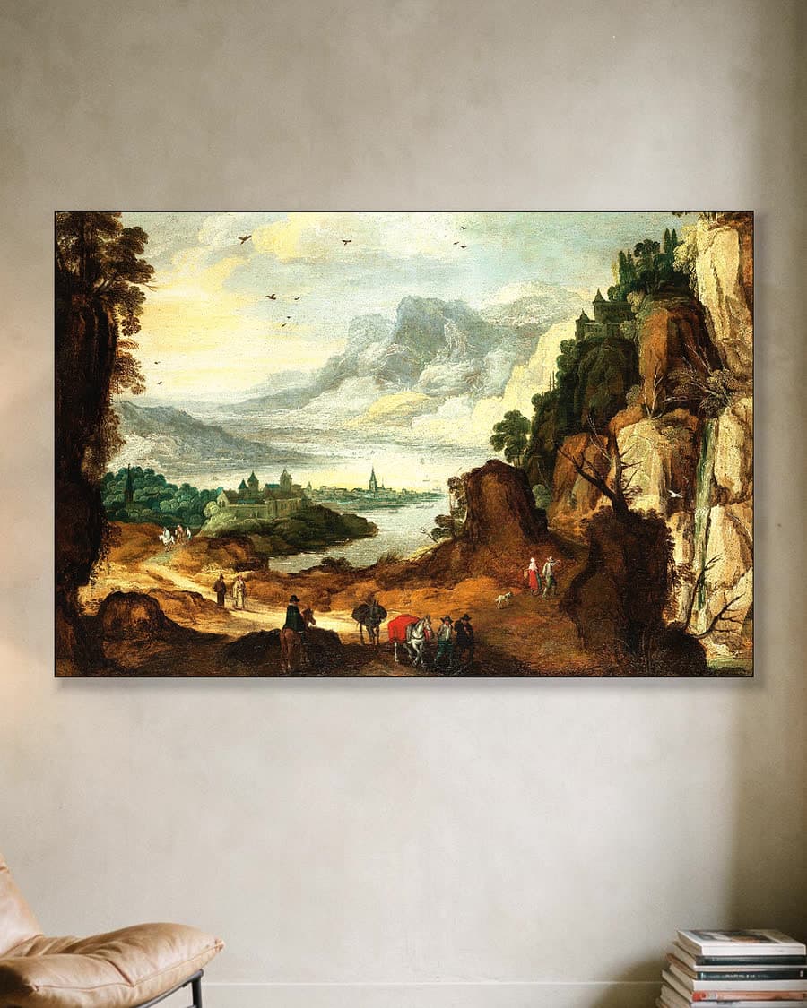 Berglandschap met rivier en stad in een aluminium frame aan dezelfde muur