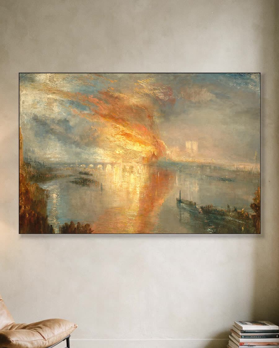 De brand van het parlement in een aluminium frame aan dezelfde muur