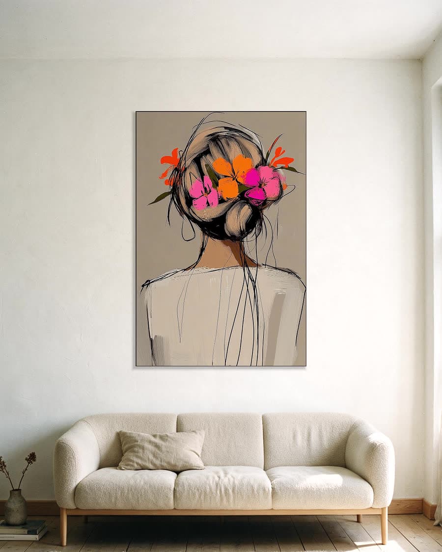 Bloemen in het haar in een aluminium frame aan dezelfde muur