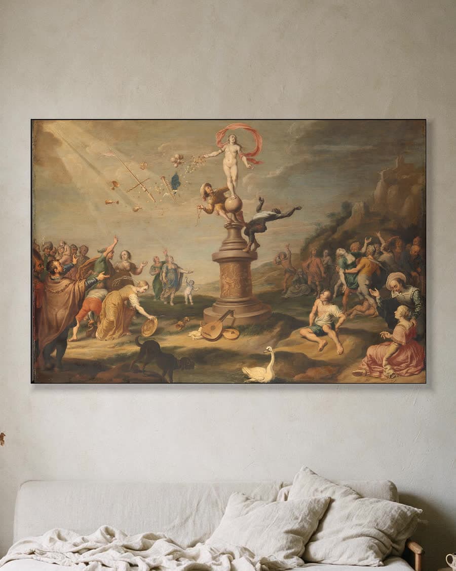 De godin Fortuna deelt haar gaven uit in een aluminium frame aan dezelfde muur