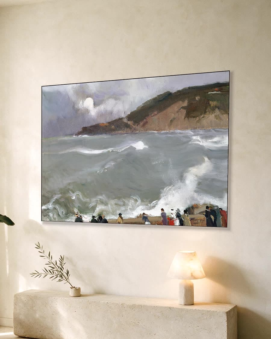 De golfbreker bij San Sebastián in een aluminium frame aan dezelfde muur