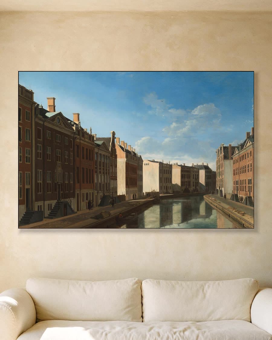 De Gouden Bocht in de Herengracht, Amsterdam in een aluminium frame aan dezelfde muur